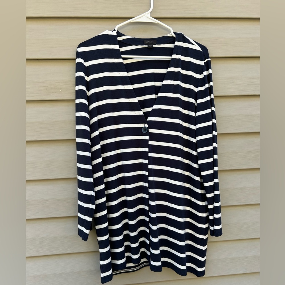 J Jill Wearever LP nautical stripe button long cardigan sweater coastal navy